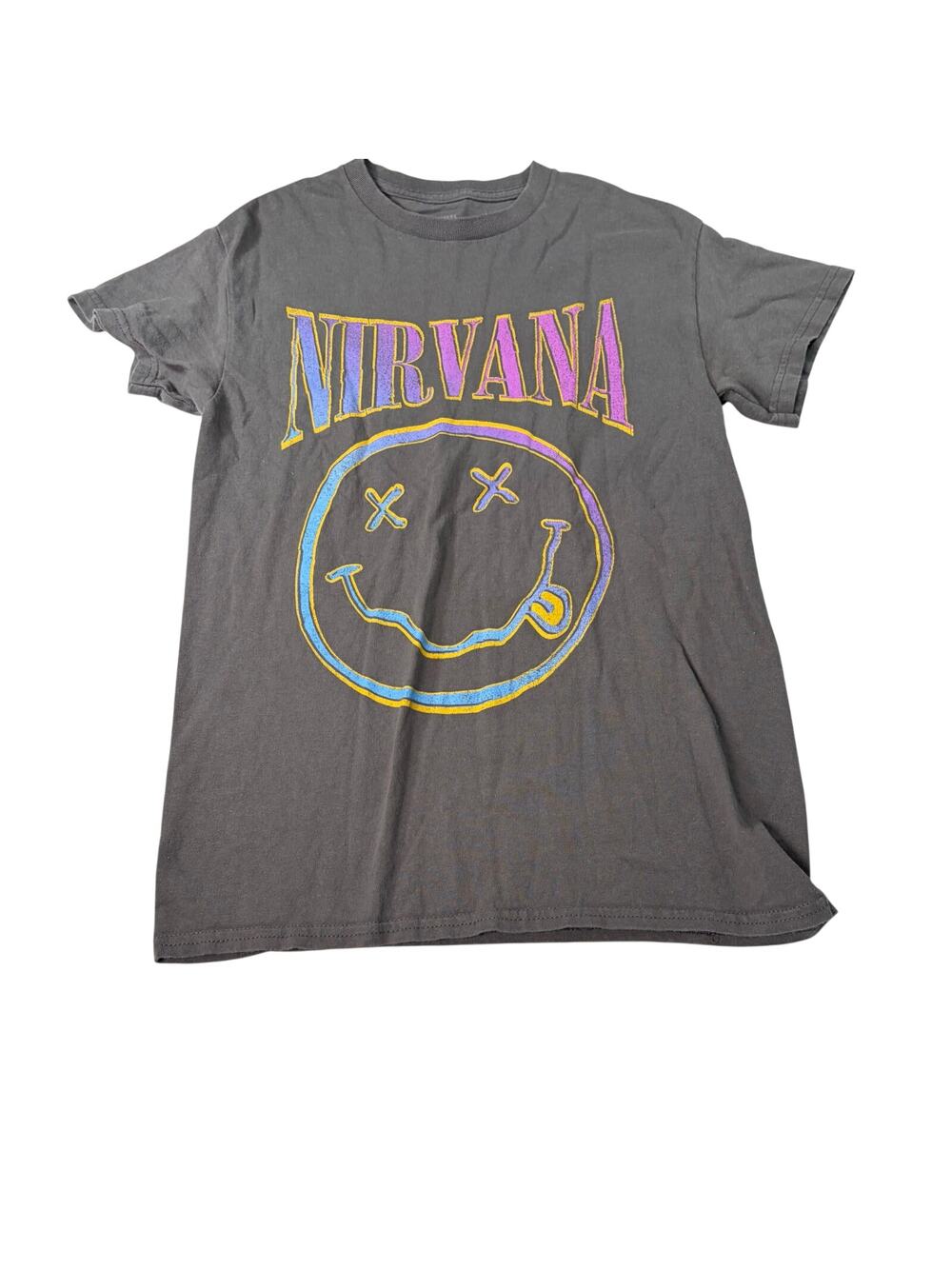 Nirvana T shirt, gray with rainbow smiley face. reproduction. Size S. band tee